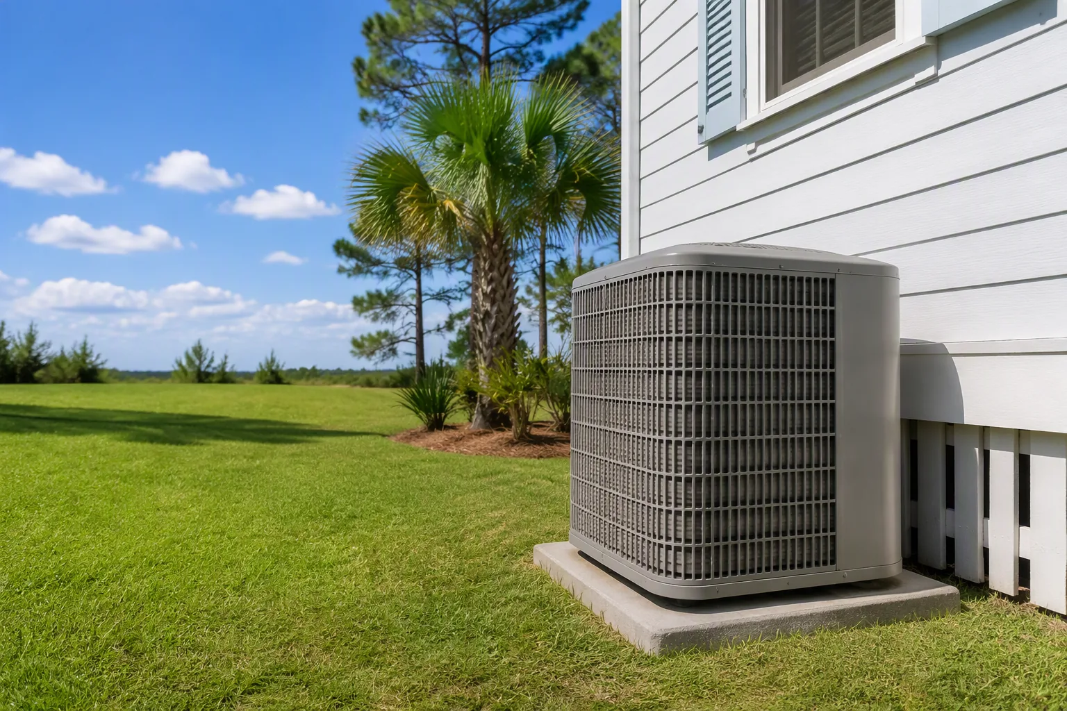High-efficiency AC condenser beside a raised Gulf Coast cottage in Gulfport, MS